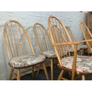 Set Of Six Ercol Windsor Quaker Back Dining Chairs In Light Finish.