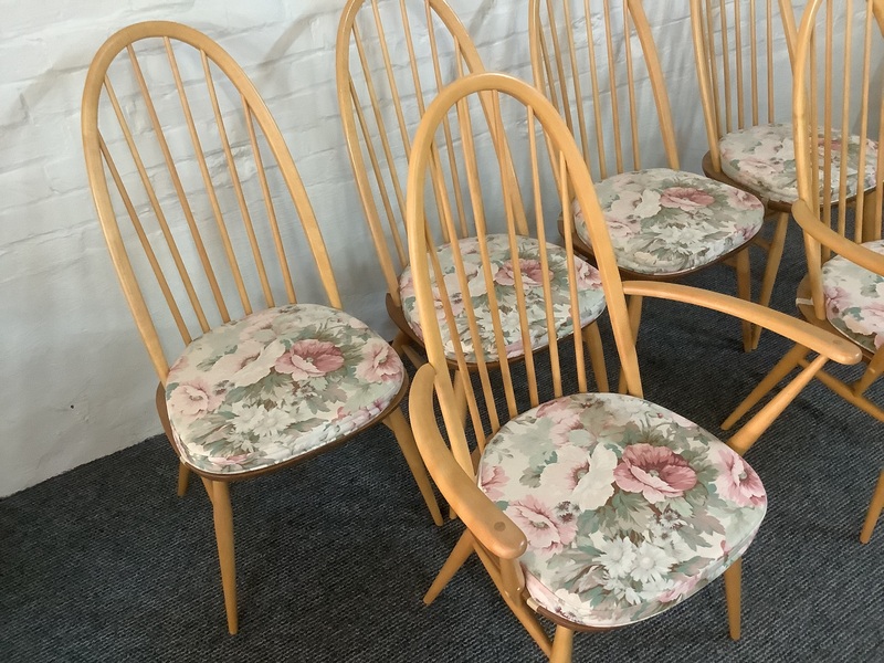 Set Of Six Ercol Windsor Quaker Back Dining Chairs In Light Finish.