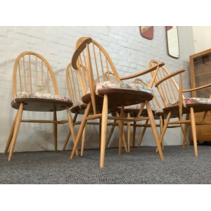 Set Of Six Ercol Windsor Quaker Back Dining Chairs In Light Finish.
