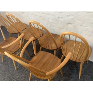 Set Of Six Ercol Windsor Quaker Back Dining Chairs In Light Finish.