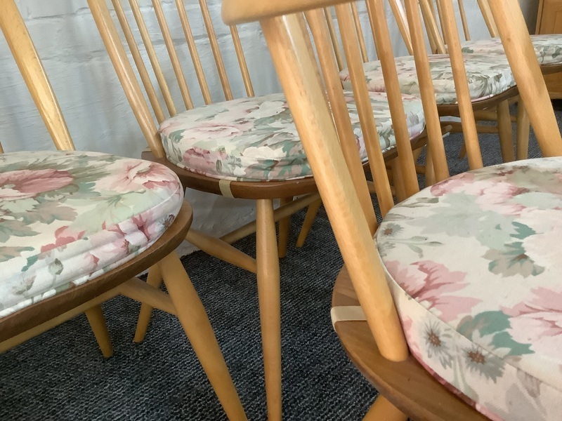 Set Of Six Ercol Windsor Quaker Back Dining Chairs In Light Finish.