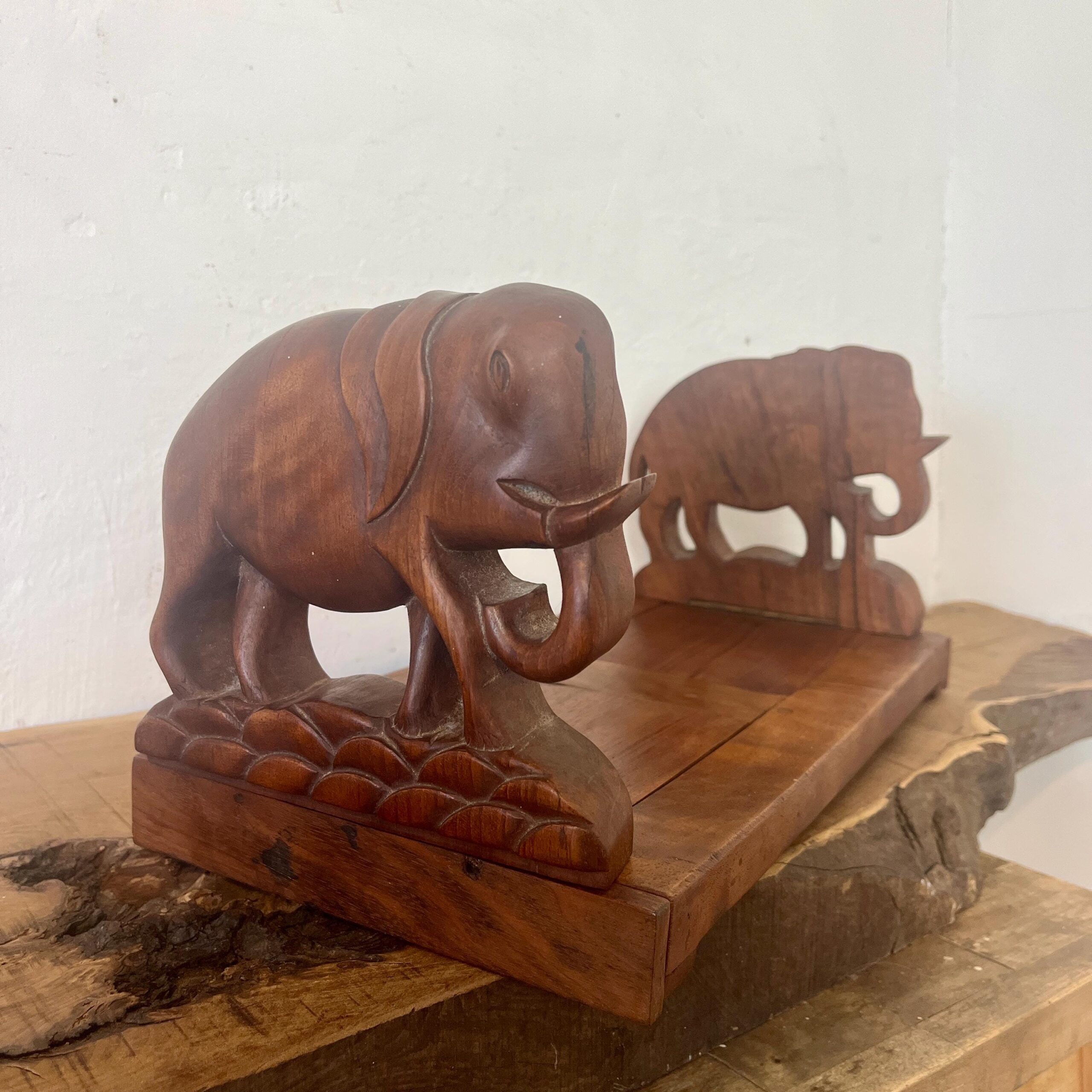 Vintage Carved Elephants Bookends