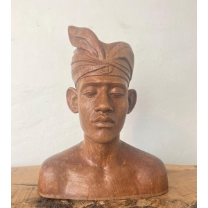 Vintage Wooden Teak Handcarved Balinese Bust Of A Man In Headdress