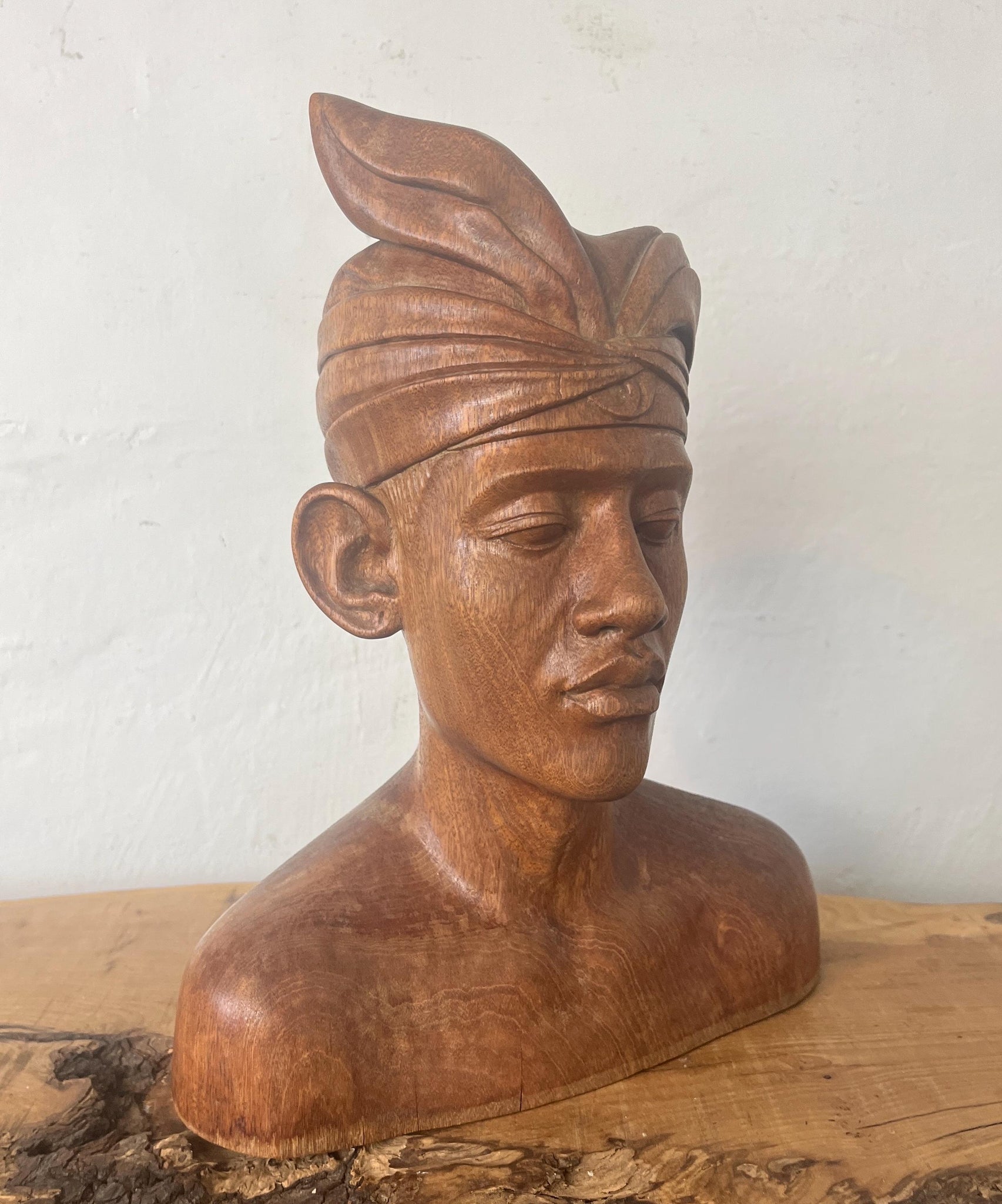 Vintage Wooden Teak Handcarved Balinese Bust Of A Man In Headdress