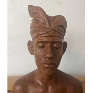 Vintage Wooden Teak Handcarved Balinese Bust Of A Man In Headdress