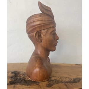 Vintage Wooden Teak Handcarved Balinese Bust Of A Man In Headdress