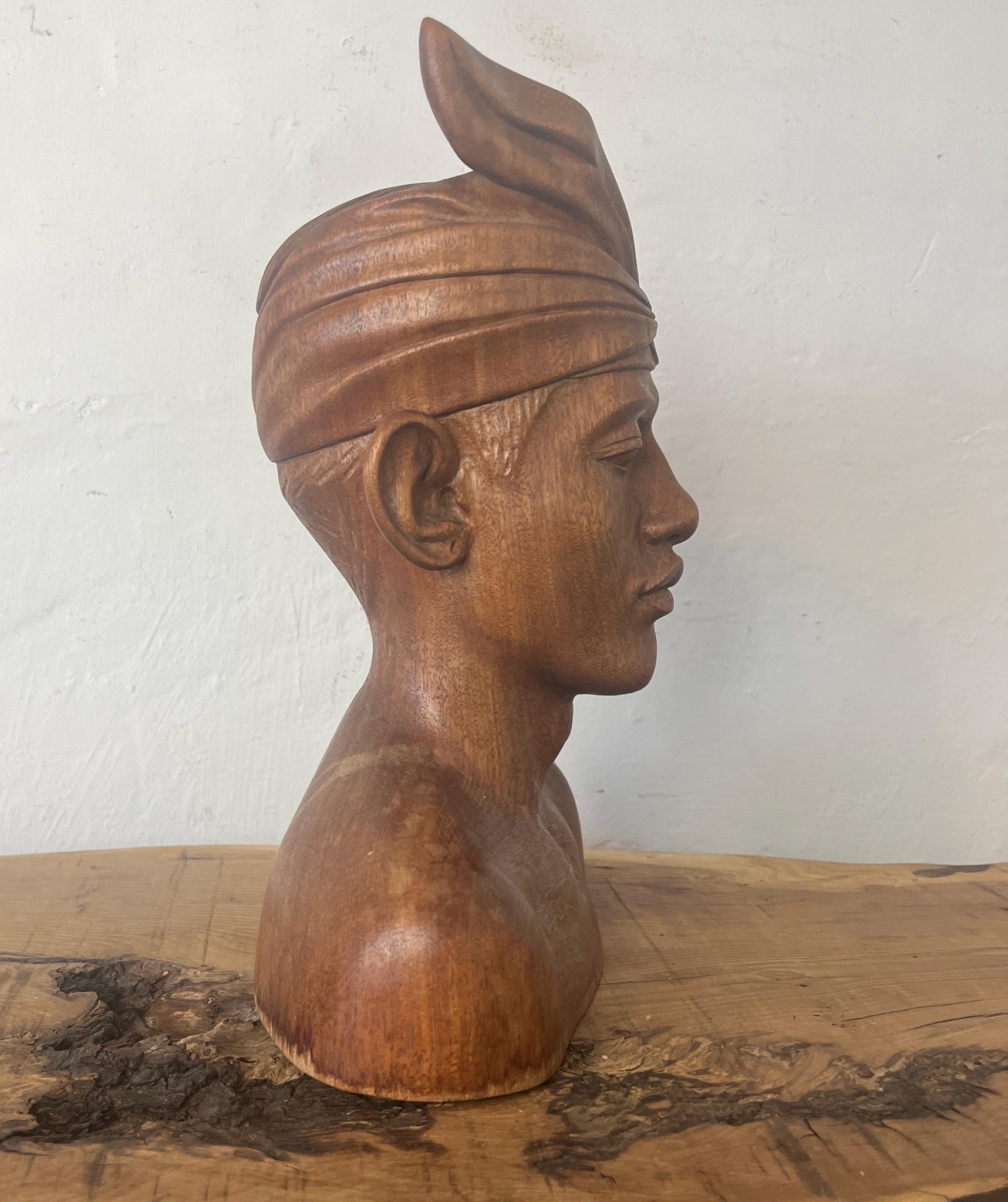 Vintage Wooden Teak Handcarved Balinese Bust Of A Man In Headdress