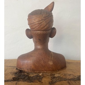 Vintage Wooden Teak Handcarved Balinese Bust Of A Man In Headdress