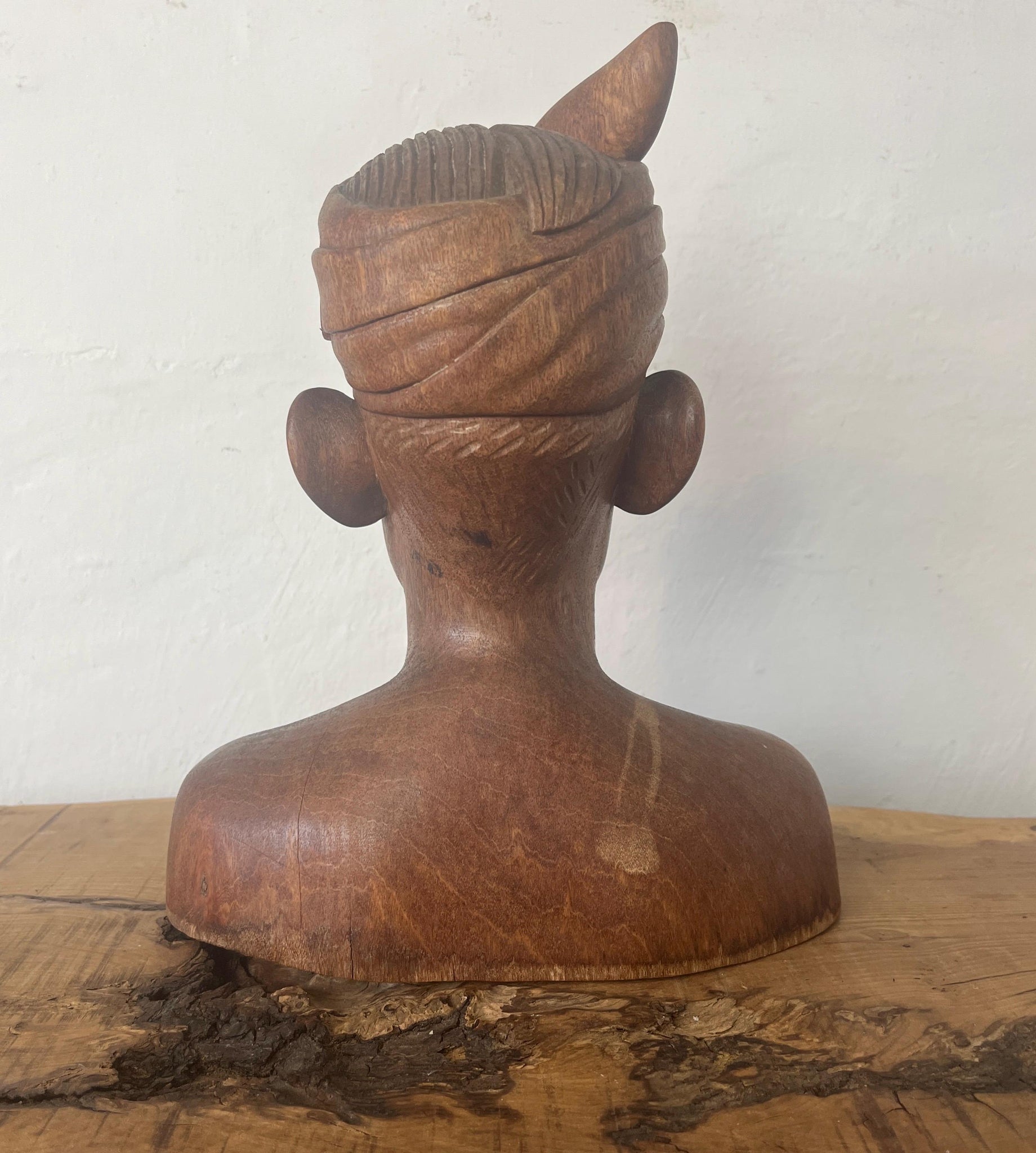 Vintage Wooden Teak Handcarved Balinese Bust Of A Man In Headdress