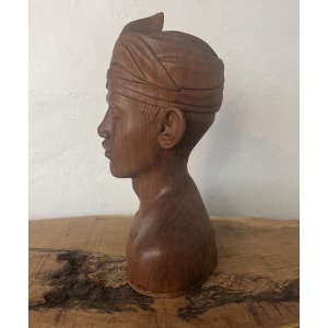 Vintage Wooden Teak Handcarved Balinese Bust Of A Man In Headdress