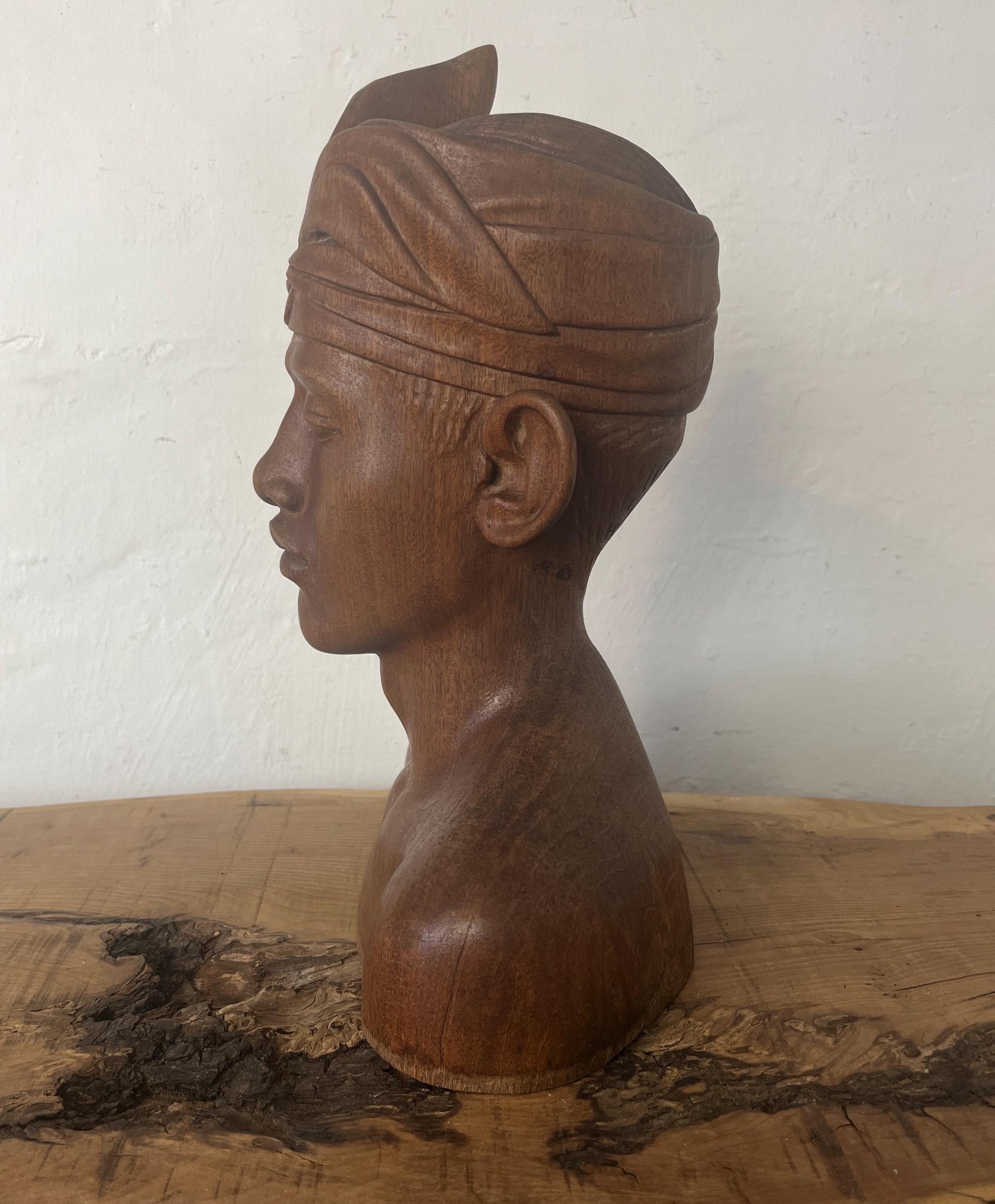 Vintage Wooden Teak Handcarved Balinese Bust Of A Man In Headdress