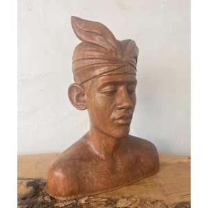 Vintage Wooden Teak Handcarved Balinese Bust Of A Man In Headdress