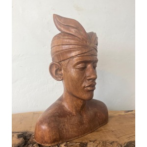 Vintage Wooden Teak Handcarved Balinese Bust Of A Man In Headdress