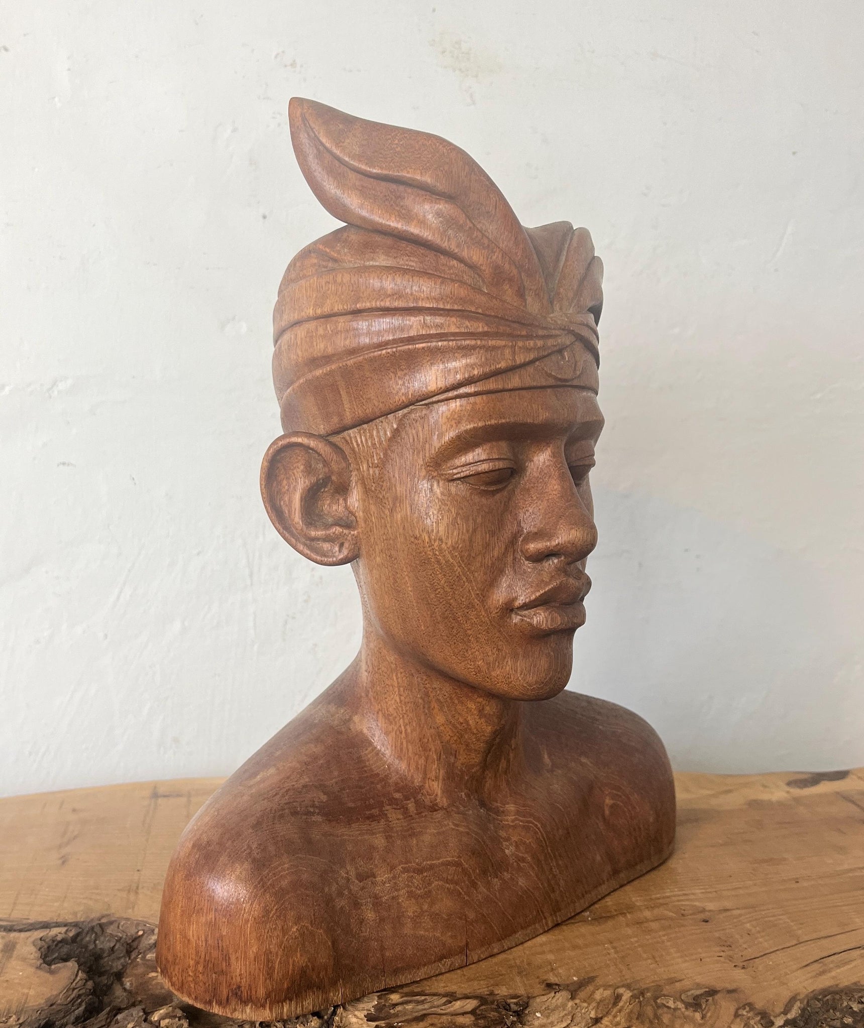 Vintage Wooden Teak Handcarved Balinese Bust Of A Man In Headdress