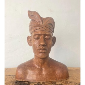Vintage Wooden Teak Handcarved Balinese Bust Of A Man In Headdress