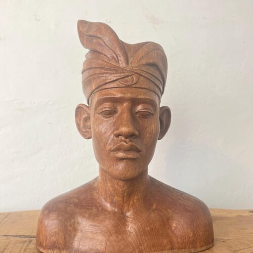 Vintage Wooden Teak Handcarved Balinese Bust Of A Man In Headdress