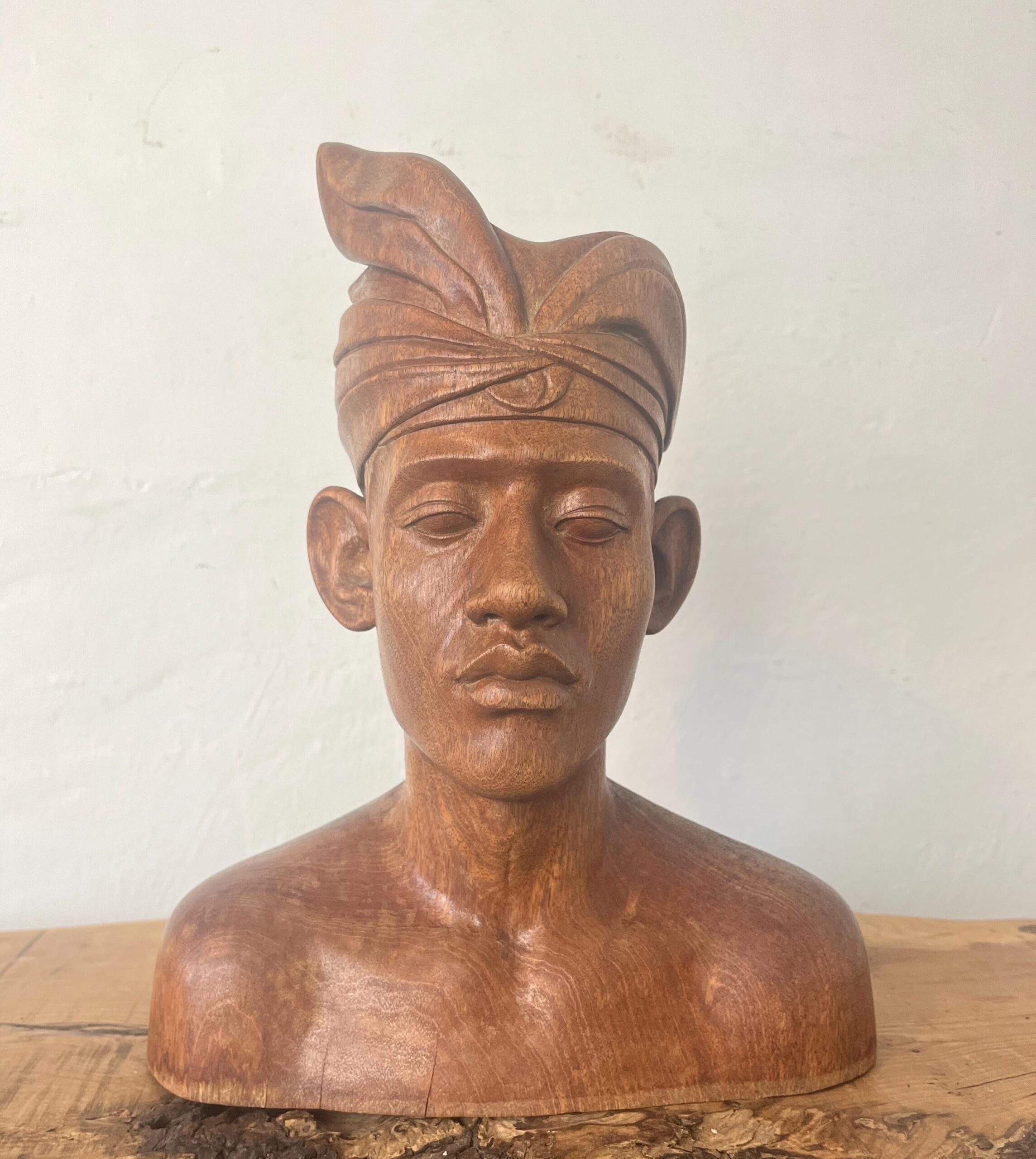 Vintage Wooden Teak Handcarved Balinese Bust Of A Man In Headdress