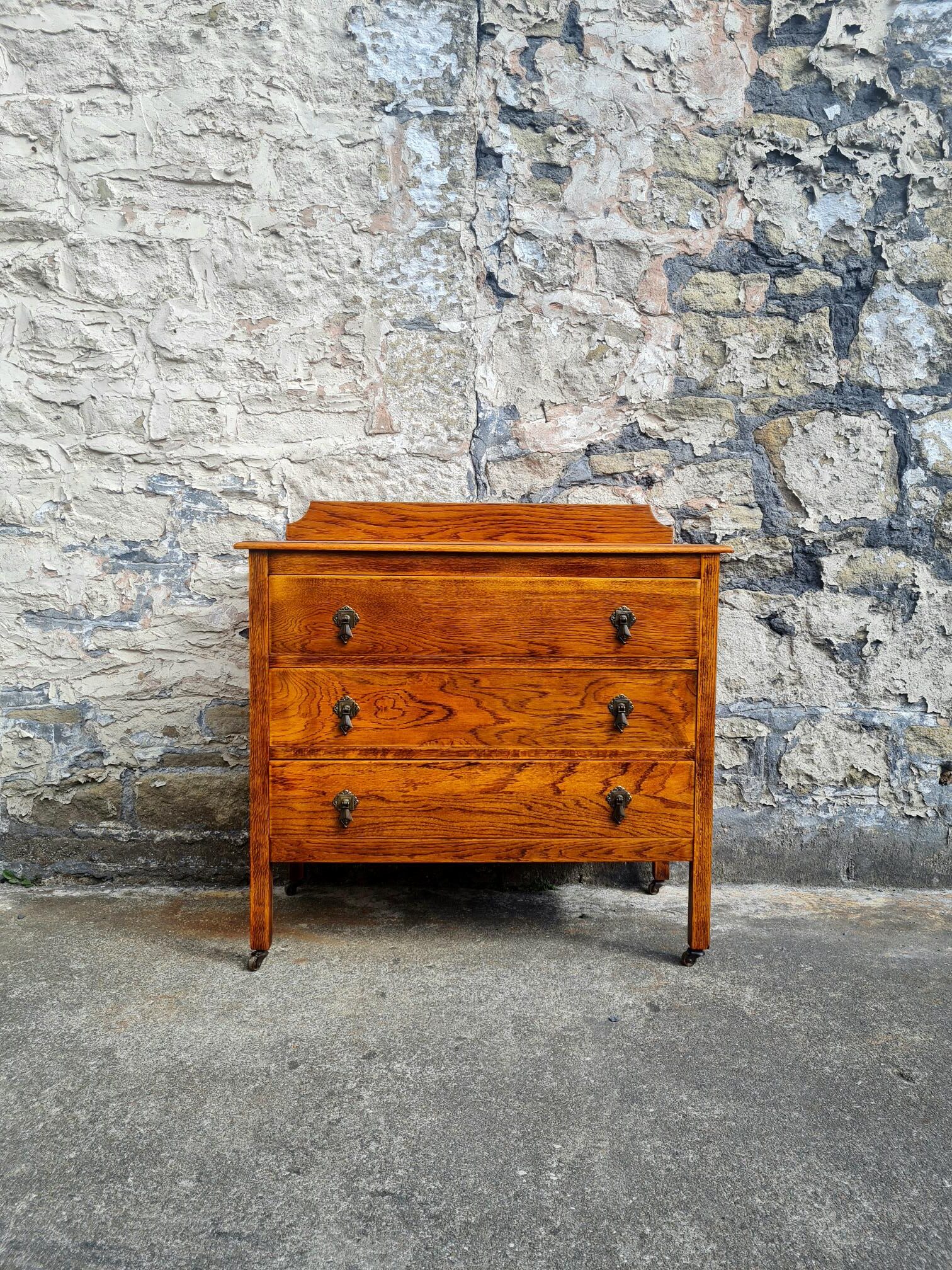 Vintage Chest Of Drawers Three Drawer Tall Oak Cabinet Super Proportions Lovely Detailing