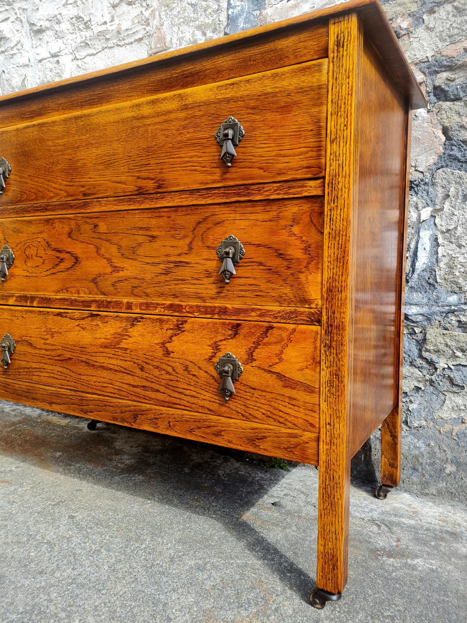 Vintage Chest Of Drawers Three Drawer Tall Oak Cabinet Super Proportions Lovely Detailing