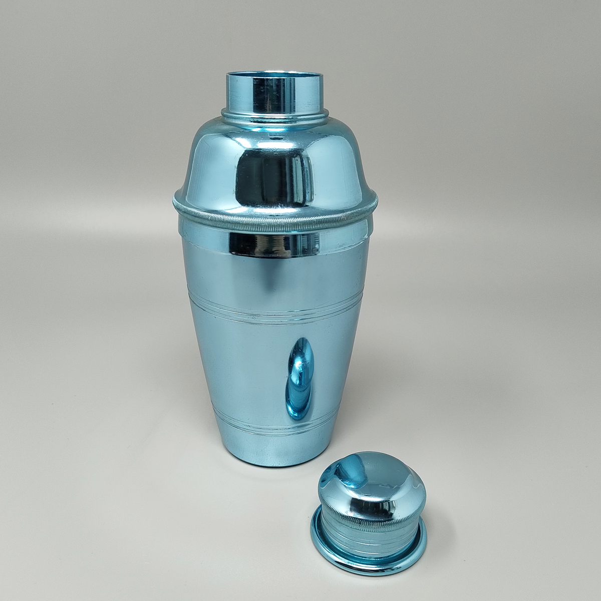 1960s Gorgeous Light Blue Cocktail Shaker by Lumium in Pure Aluminum. Made in England