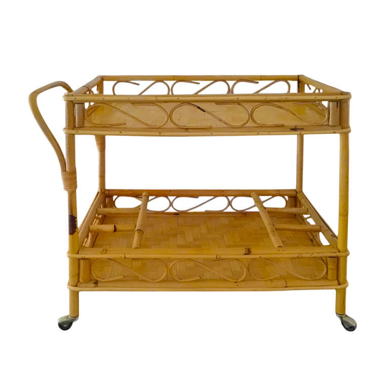 1960s Gorgeous and elegant serving bar cart in bamboo & rattan by Franco Albini. Made in Italy