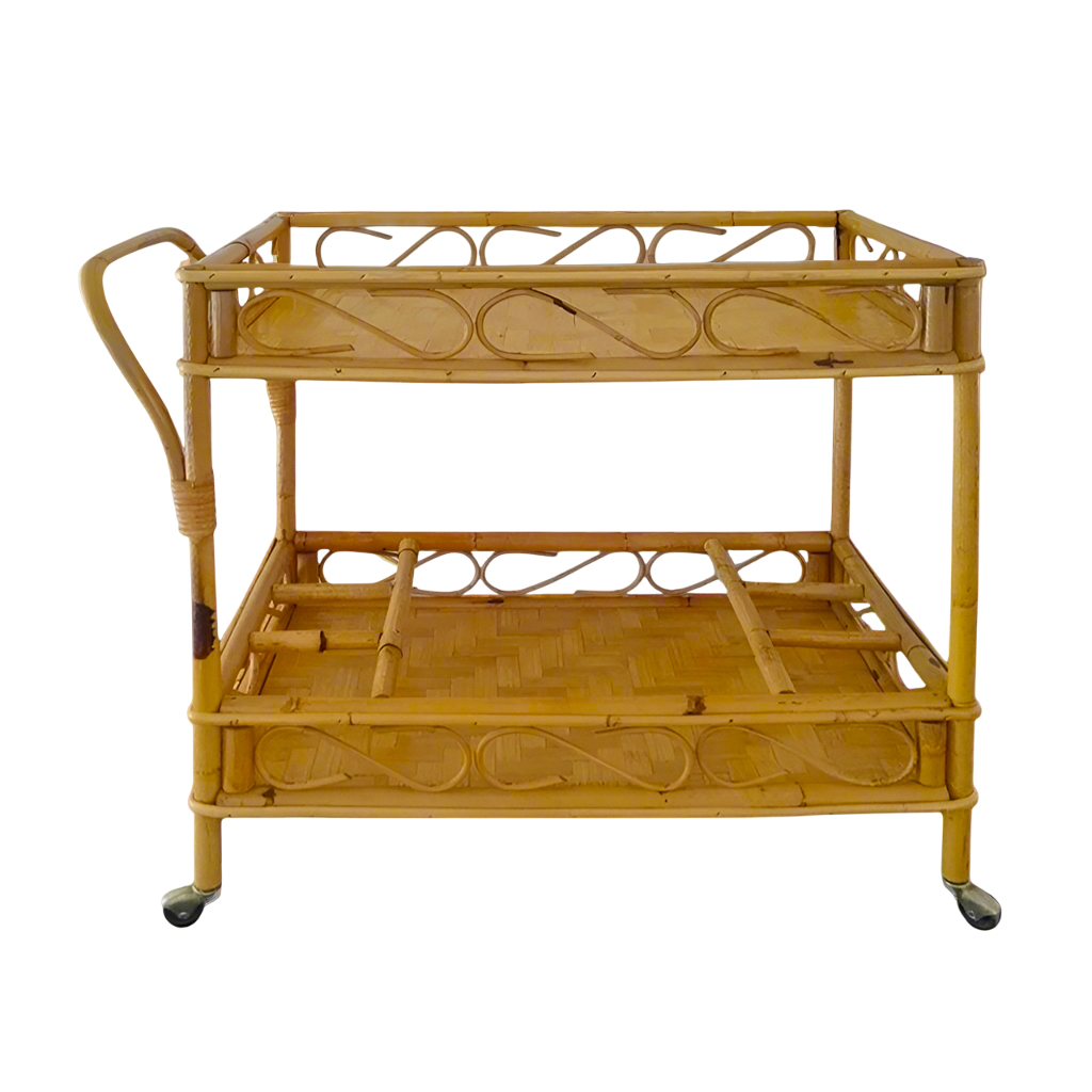 1960s Gorgeous and elegant serving bar cart in bamboo & rattan by Franco Albini. Made in Italy