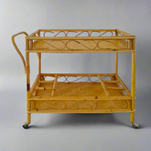 1960s Gorgeous and elegant serving bar cart in bamboo & rattan by Franco Albini. Made in Italy