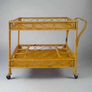 1960s Gorgeous and elegant serving bar cart in bamboo & rattan by Franco Albini. Made in Italy
