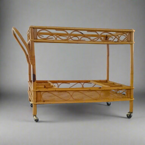 1960s Gorgeous and elegant serving bar cart in bamboo & rattan by Franco Albini. Made in Italy