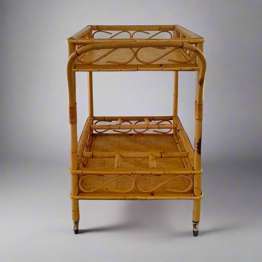 1960s Gorgeous and elegant serving bar cart in bamboo & rattan by Franco Albini. Made in Italy