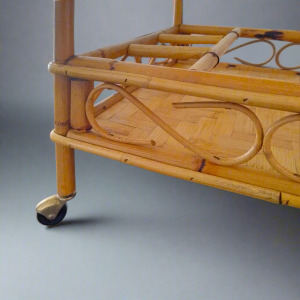 1960s Gorgeous and elegant serving bar cart in bamboo & rattan by Franco Albini. Made in Italy