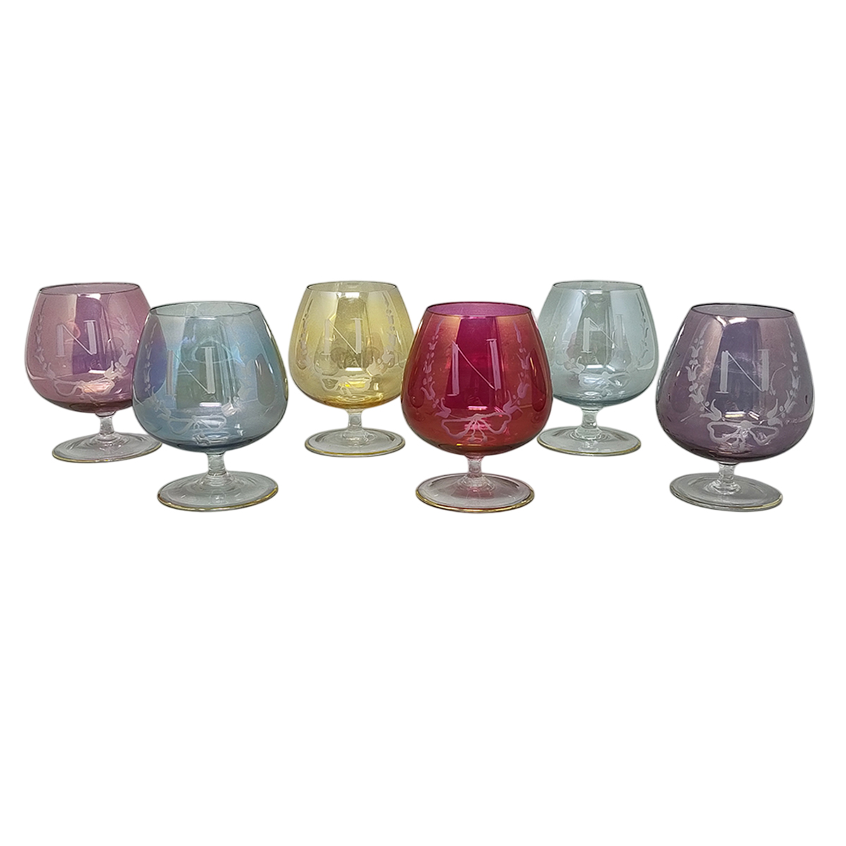 1960s Luxury Handcrafted Set of Six Colored Glasses by Napoleon in Crystal. Made in Italy