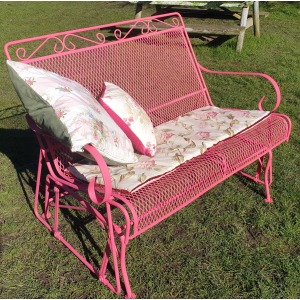 Vintage Metal Mesh Patio Glider Swing Bench - Pink Retro Garden Seat