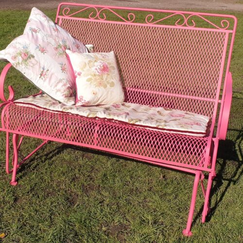 Vintage Metal Mesh Patio Glider Swing Bench - Pink Retro Garden Seat