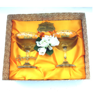 Unusual mid-century complete 50 years Marriage Champagne Glasses Boxed C.1950's