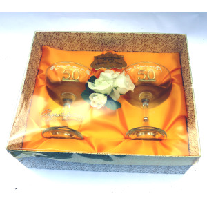 Unusual mid-century complete 50 years Marriage Champagne Glasses Boxed C.1950's