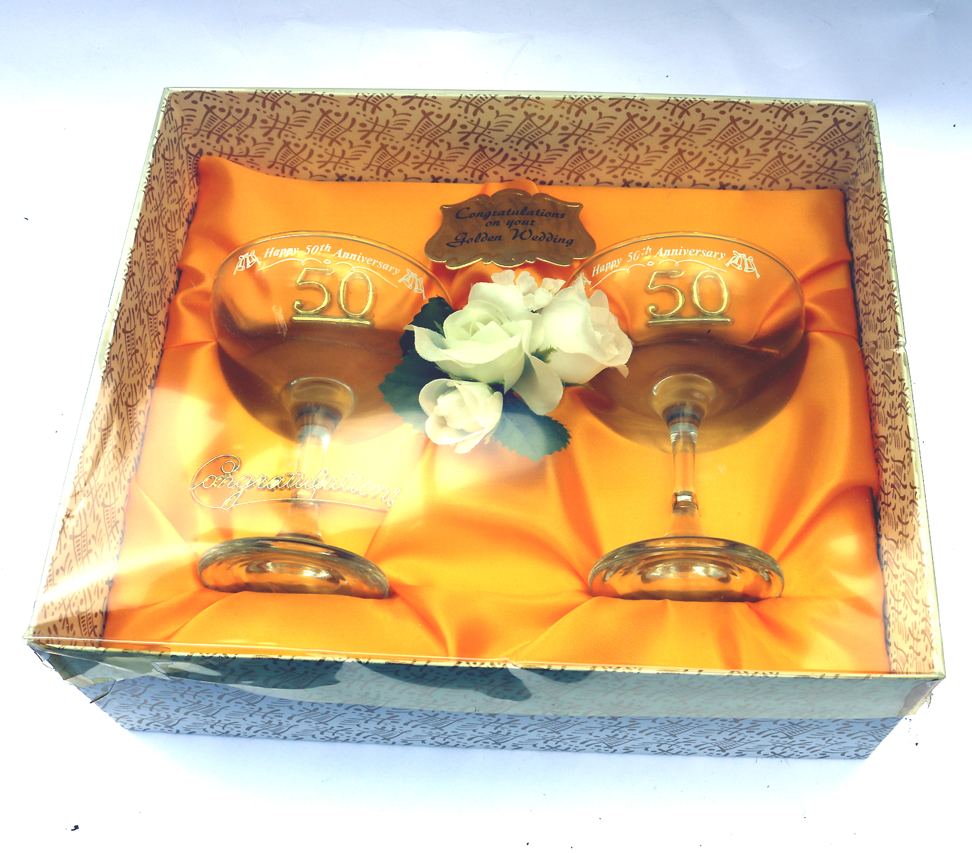 Unusual mid-century complete 50 years Marriage Champagne Glasses Boxed C.1950's