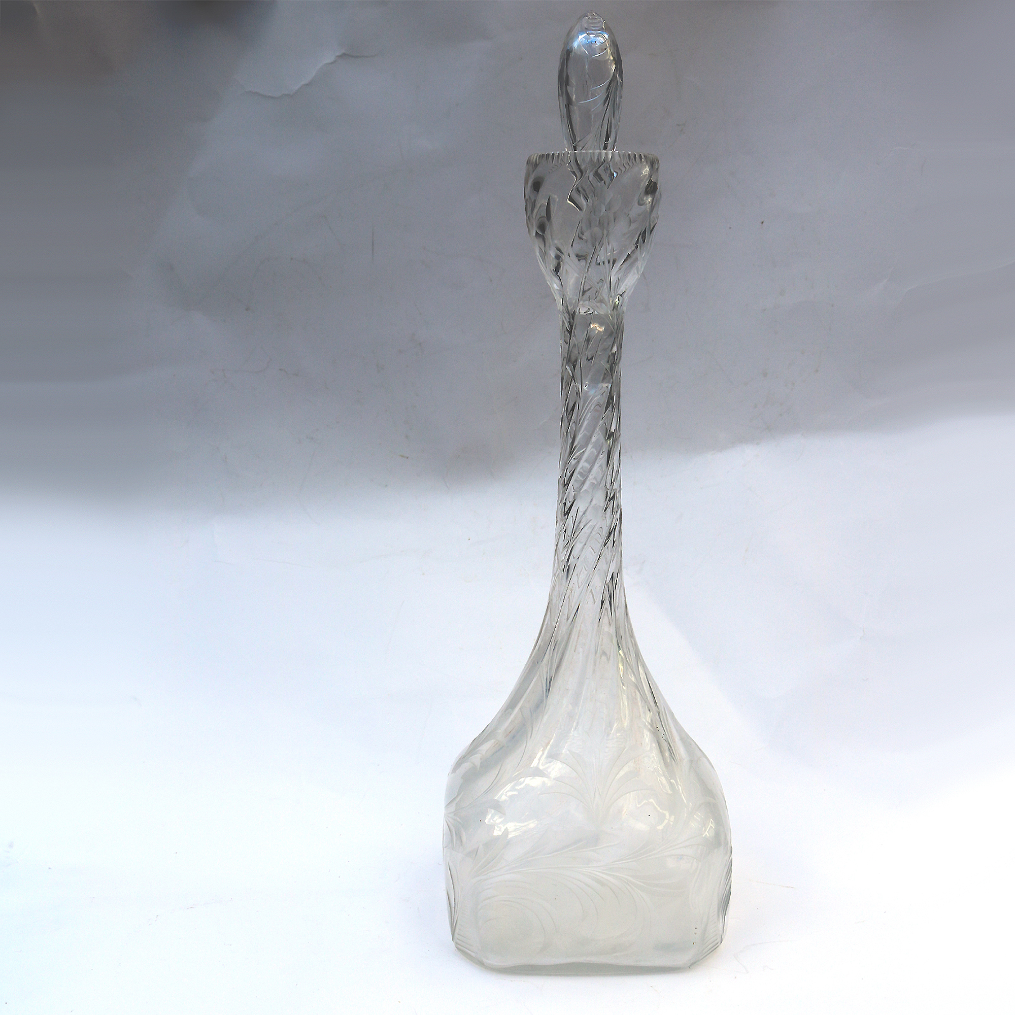 An antique tall & unusual Art Nouveau glass engraved Liquor Wine Decanter C.1890