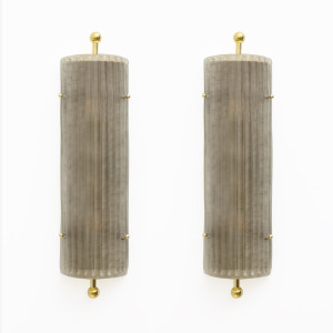 Pair of Art Deco Style Smoked Murano Glass and Brass Sconces