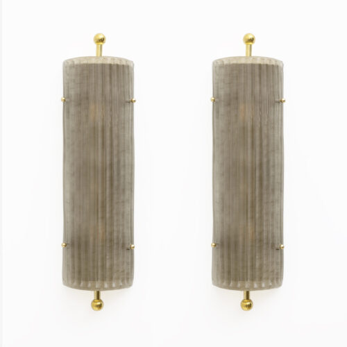 Pair of Art Deco Style Smoked Murano Glass and Brass Sconces