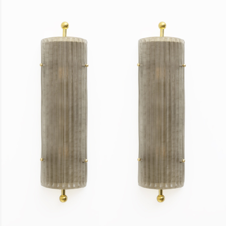 Pair of Art Deco Style Smoked Murano Glass and Brass Sconces