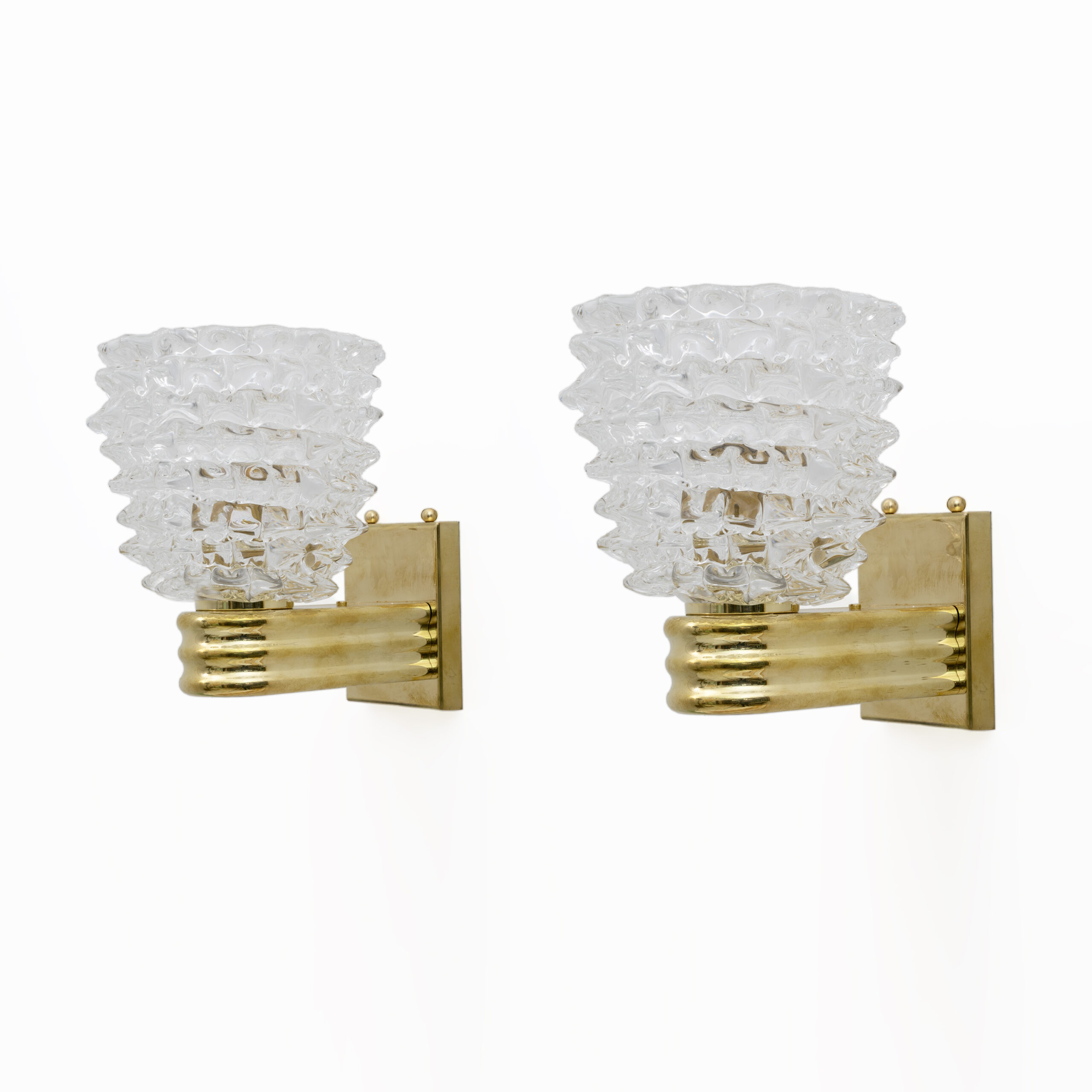 Barovier & Toso Art Dèco Style Brass and Rostrato Murano Glass Big Sconces, Pair