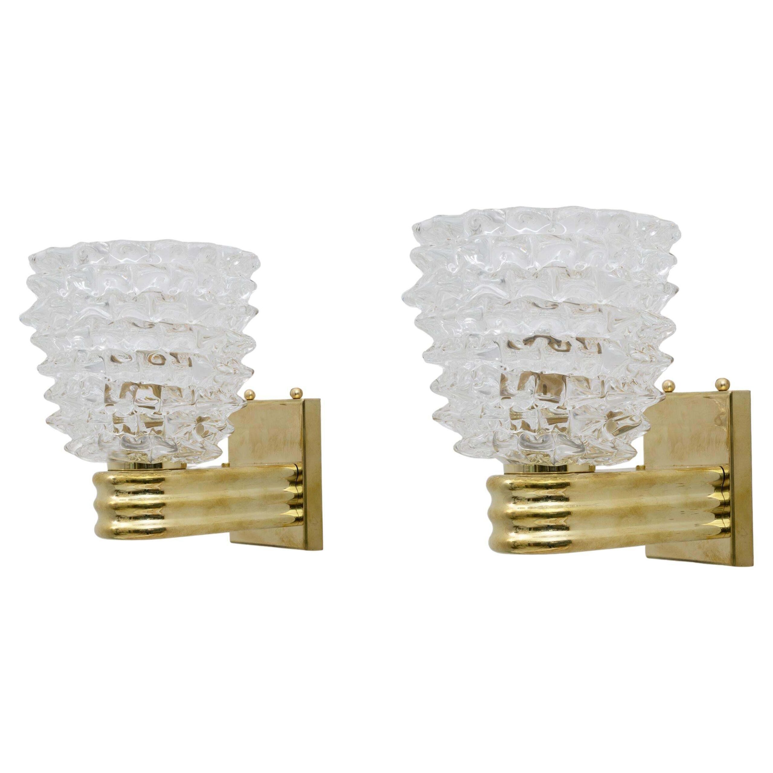 Barovier & Toso Art Dèco Style Brass and Rostrato Murano Glass Big Sconces, Pair