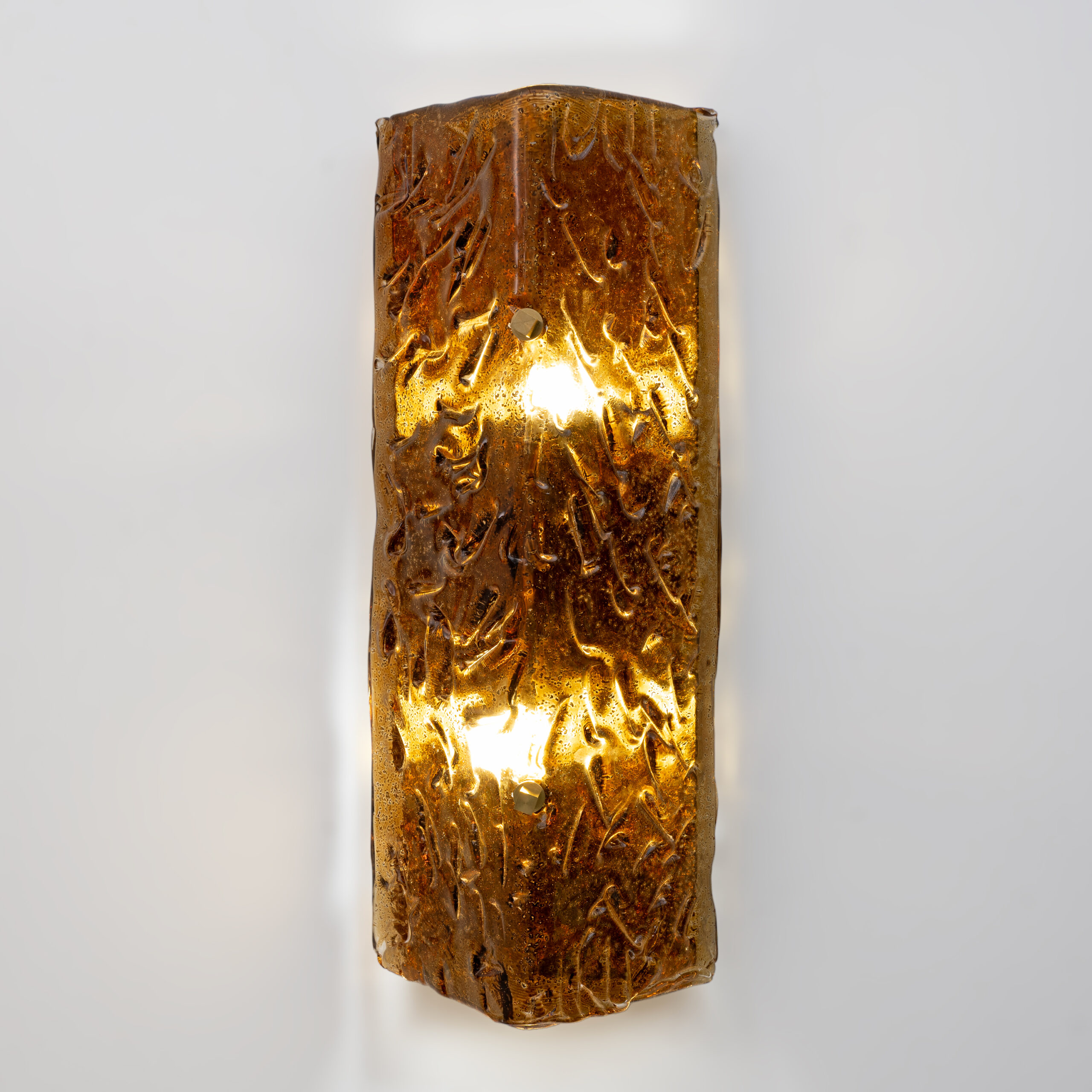 Pair of Mazzega Style Amber Murano Glass and Brass Sconces