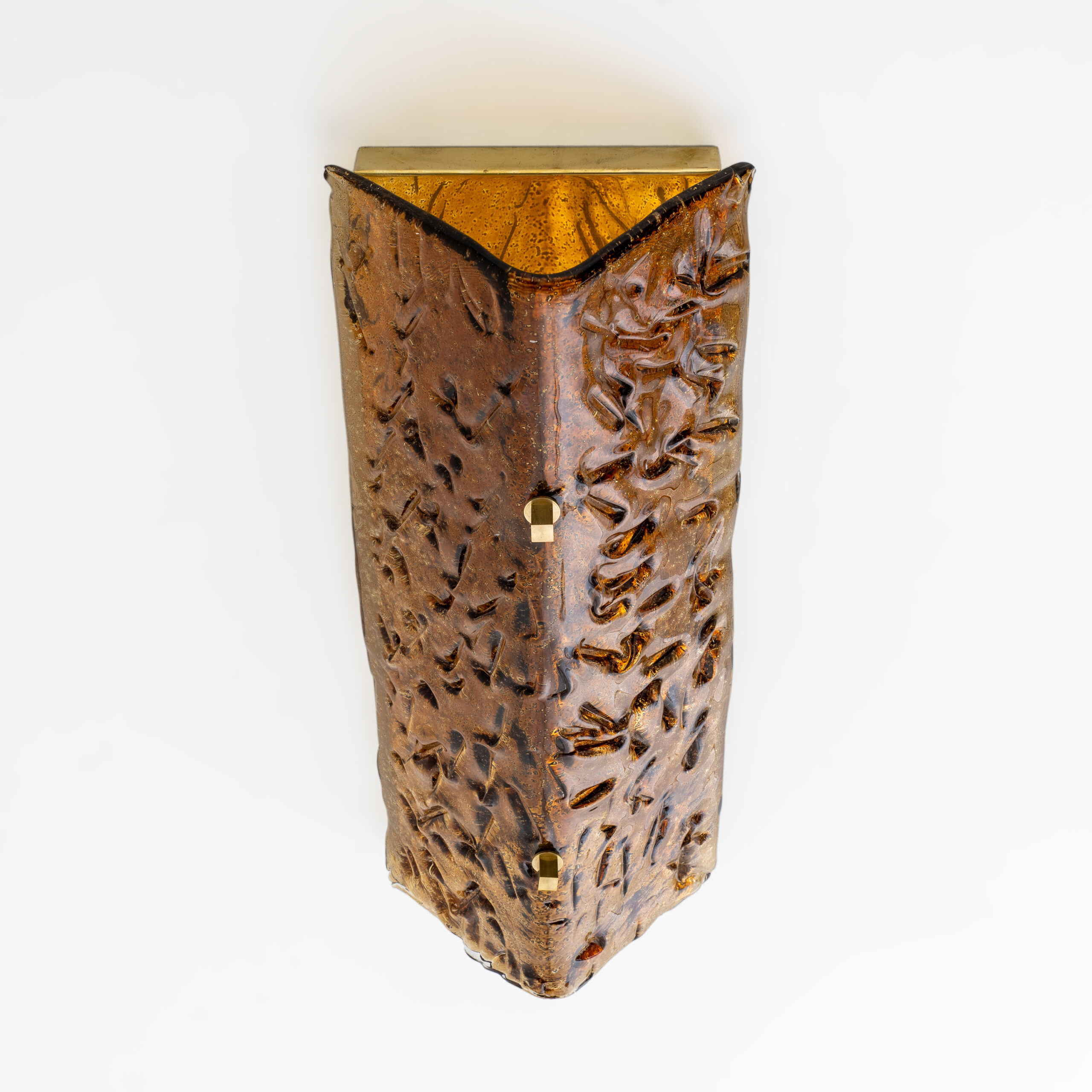 Pair of Mazzega Style Amber Murano Glass and Brass Sconces