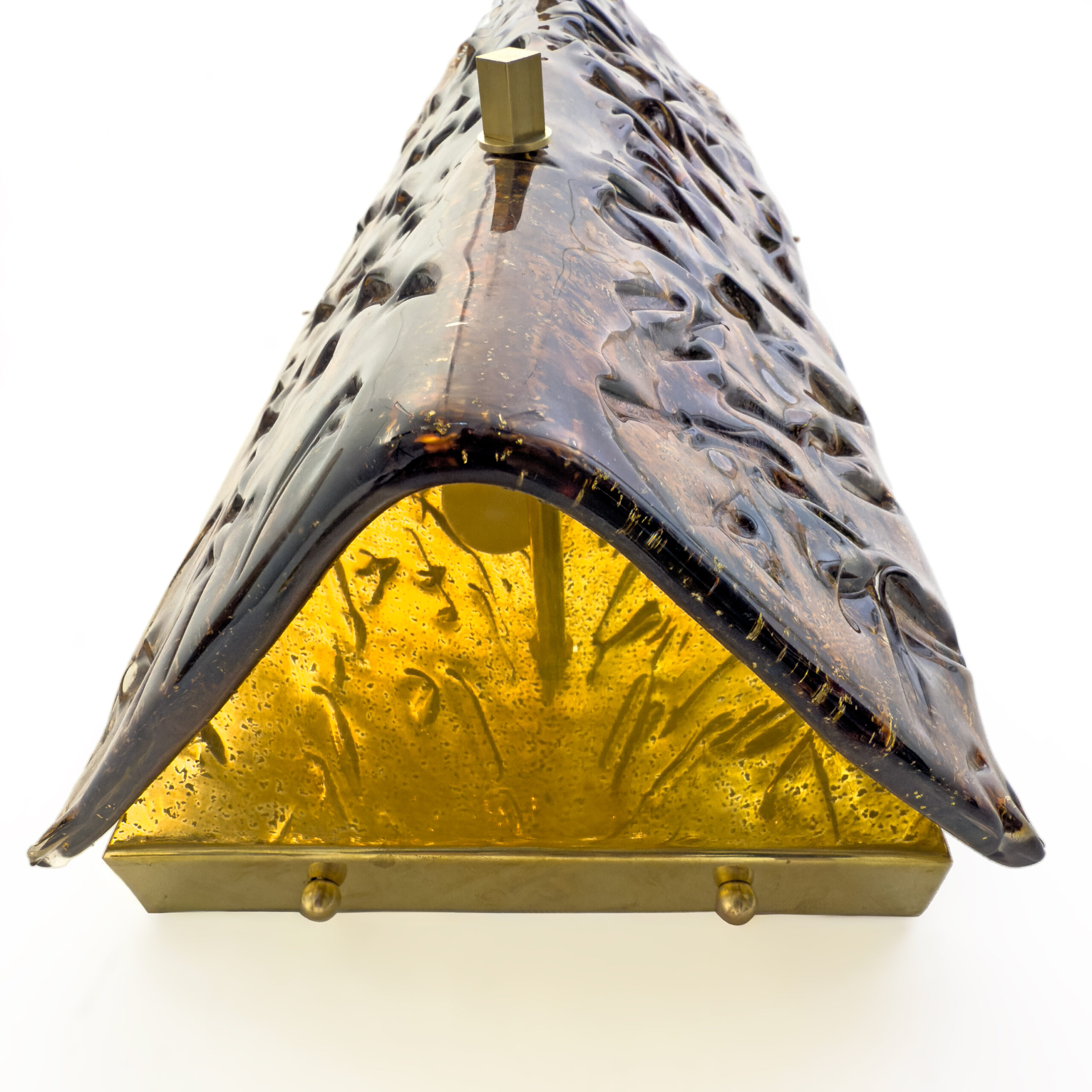 Pair of Mazzega Style Amber Murano Glass and Brass Sconces