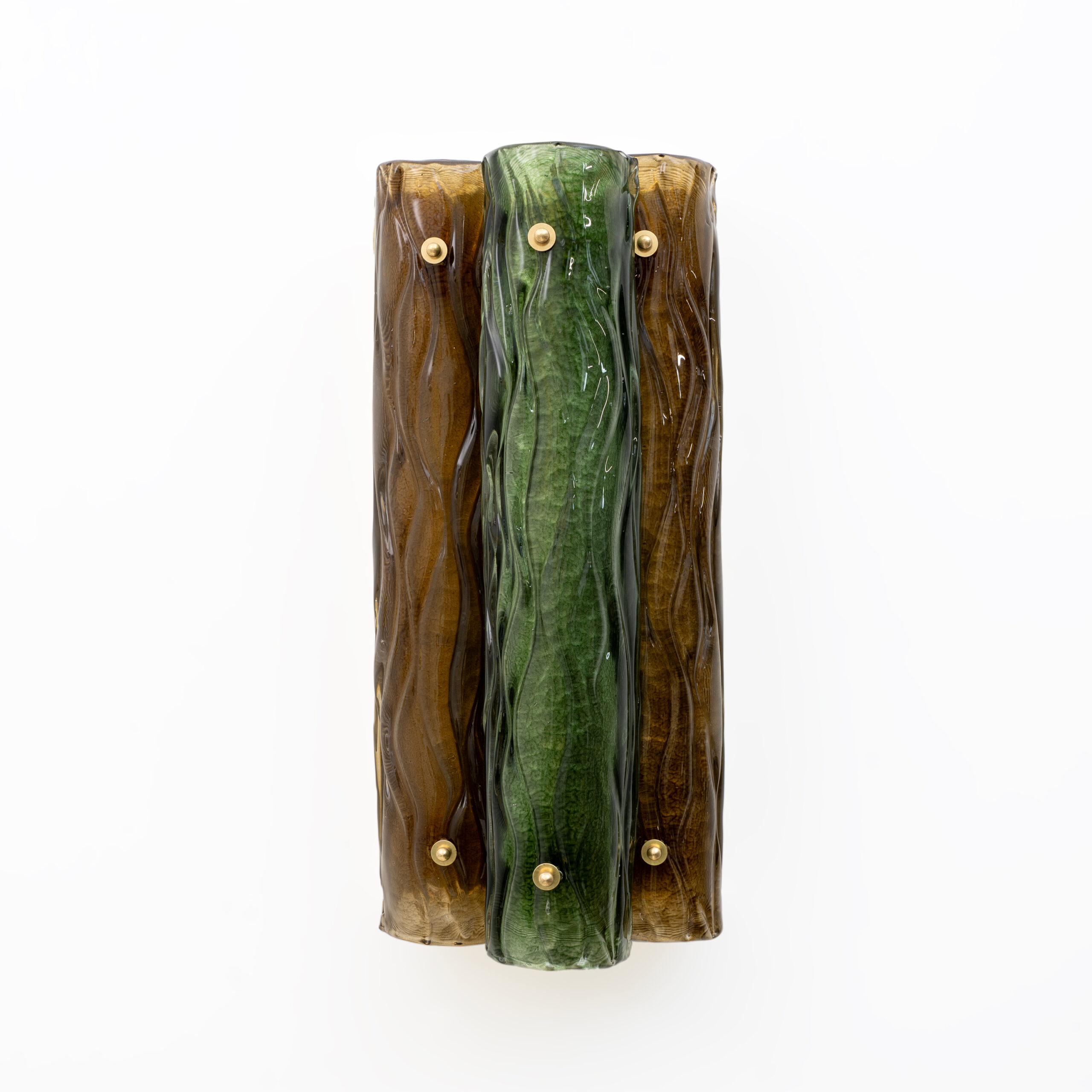 Pair of Modern Amber and Green Murano Glass and Brass Sconces