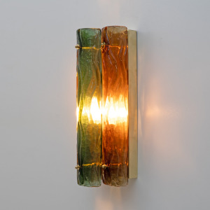 Pair of Modern Amber and Green Murano Glass and Brass Sconces