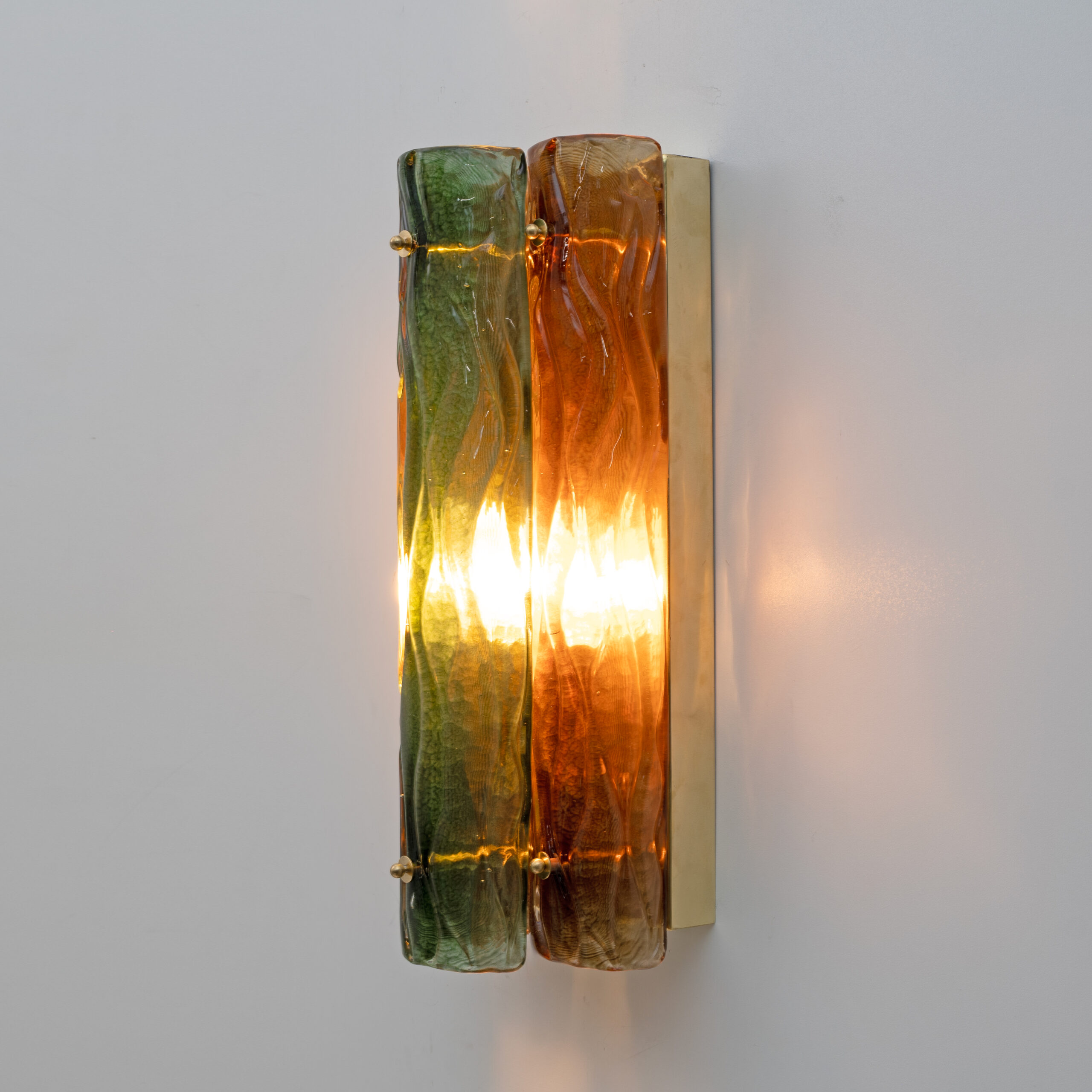 Pair of Modern Amber and Green Murano Glass and Brass Sconces