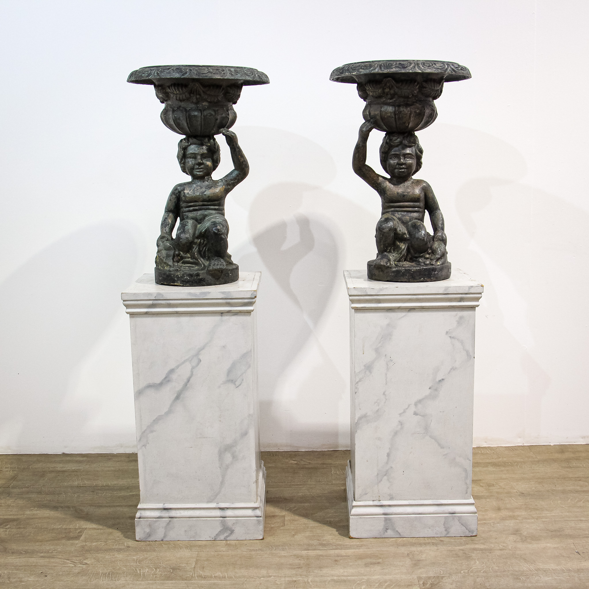 Pair of Sculptural Cast Iron Garden Planter Urns